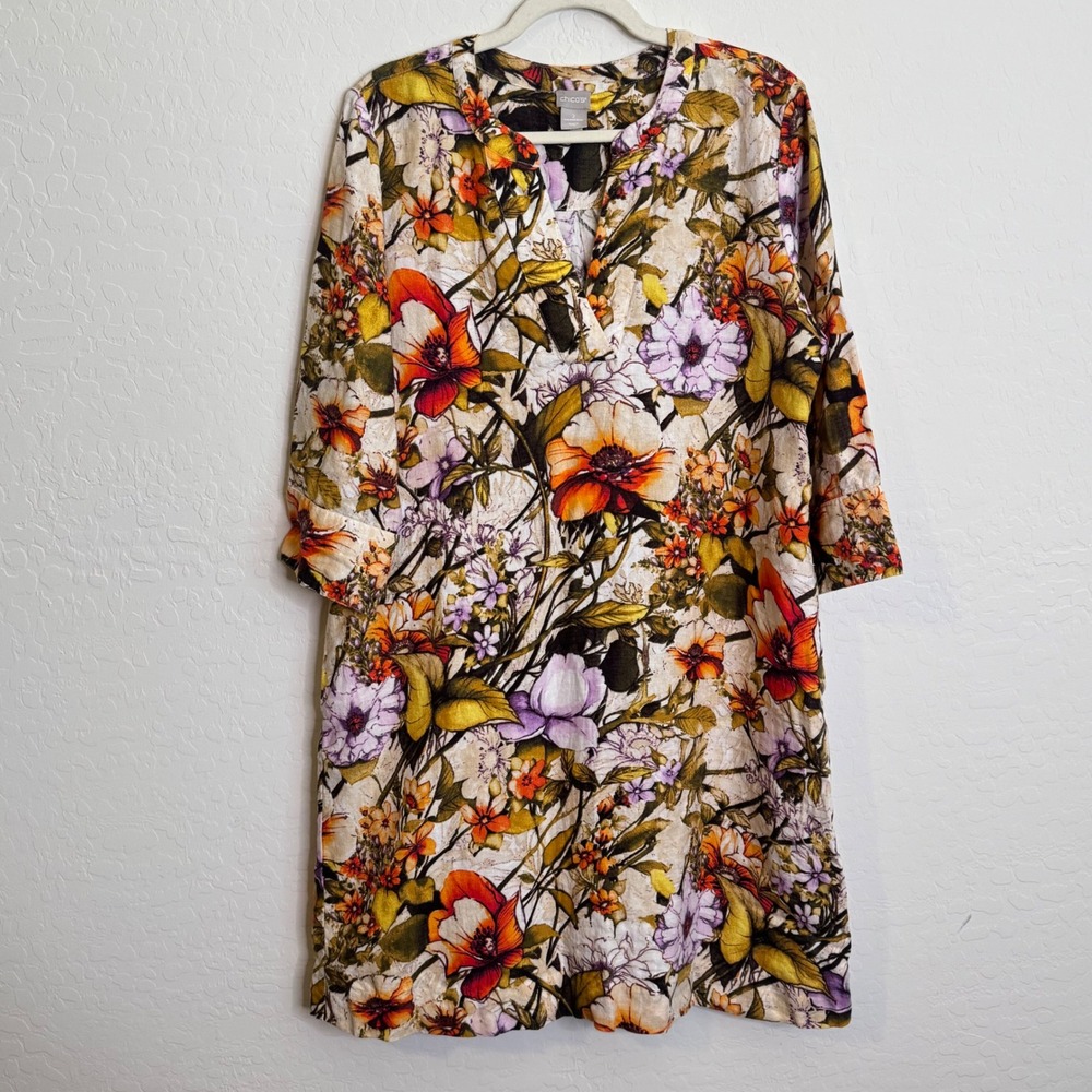 Chicos 100% Linen Dress Large Tan Floral 3/4 Sleeve Boho Coastal Lagenlook
